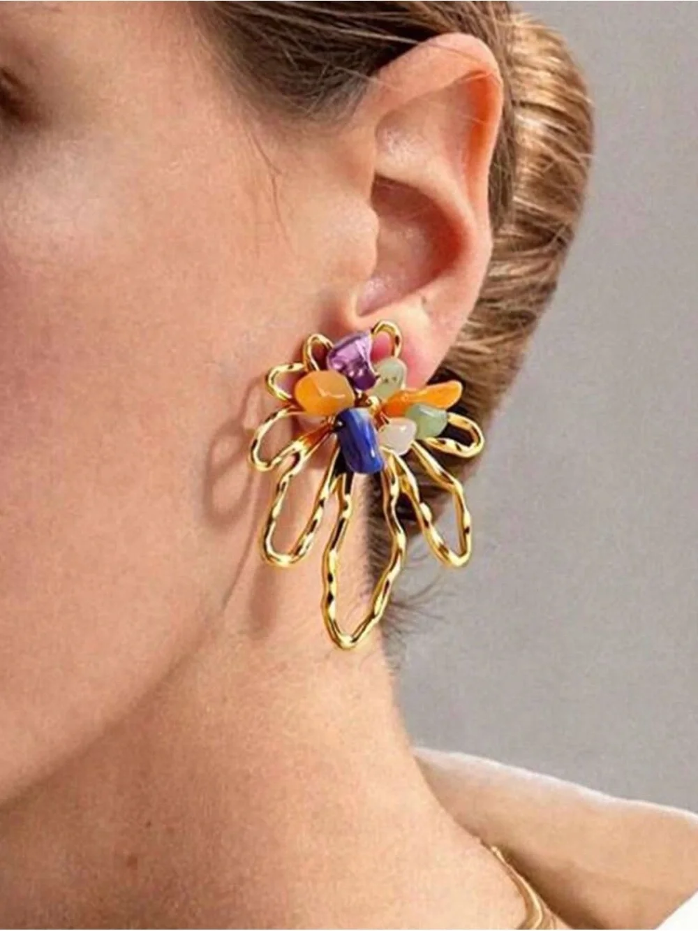 Gold Floral Loop Earrings with Multicolor Stone Chips